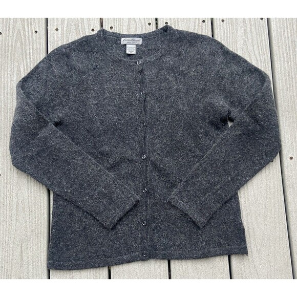 Vintage Eddie Bauer Women’s Lambswool Angora Cardigan Gray Fuzzy Knit Sweater M - Picture 1 of 11